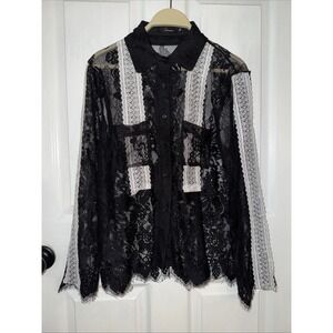 N By Nancy Women's Black White Lace Trim Blouse Button Sheer Toile Size‎ XL Goth
